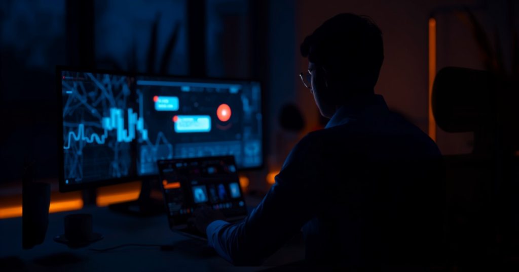 Marketer at a laptop reviewing an AI chat assistant while tracking brand mentions in AI tools